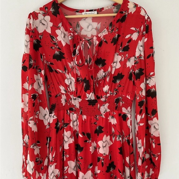 Lily and Lionel Floral Red Maxi Dress Size Small Shirred Waist Tie Neck - Picture 3 of 8